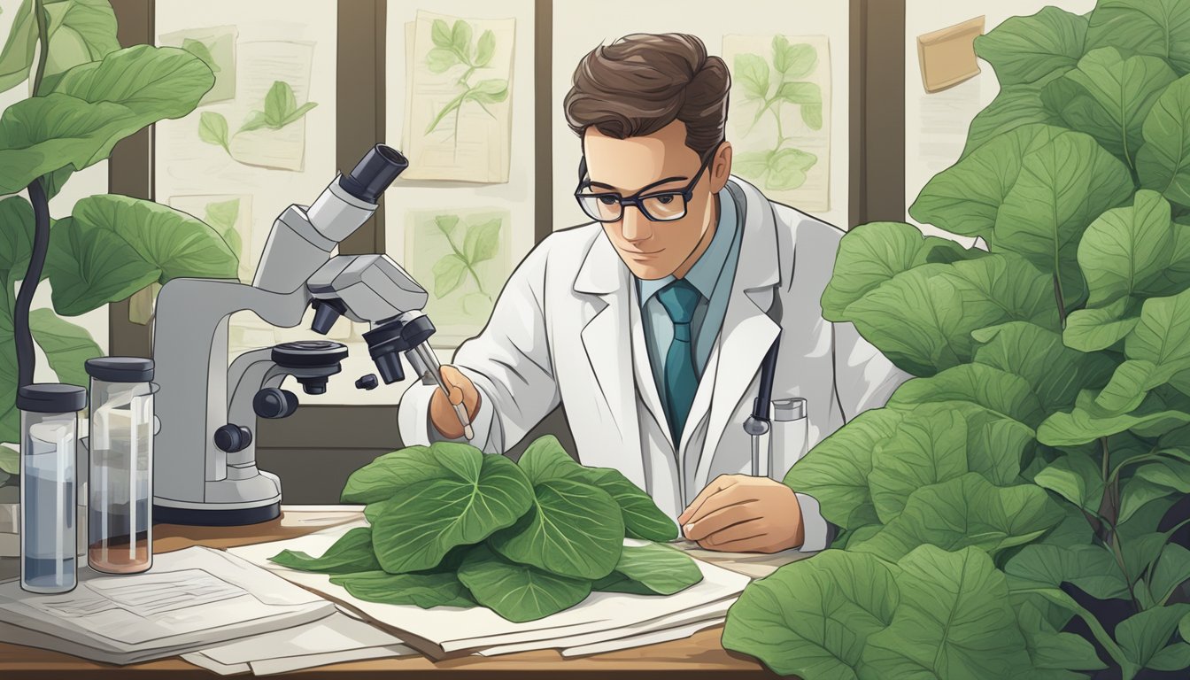 A scientist in a lab coat examines taro leaves under a microscope, surrounded by research papers and test tubes