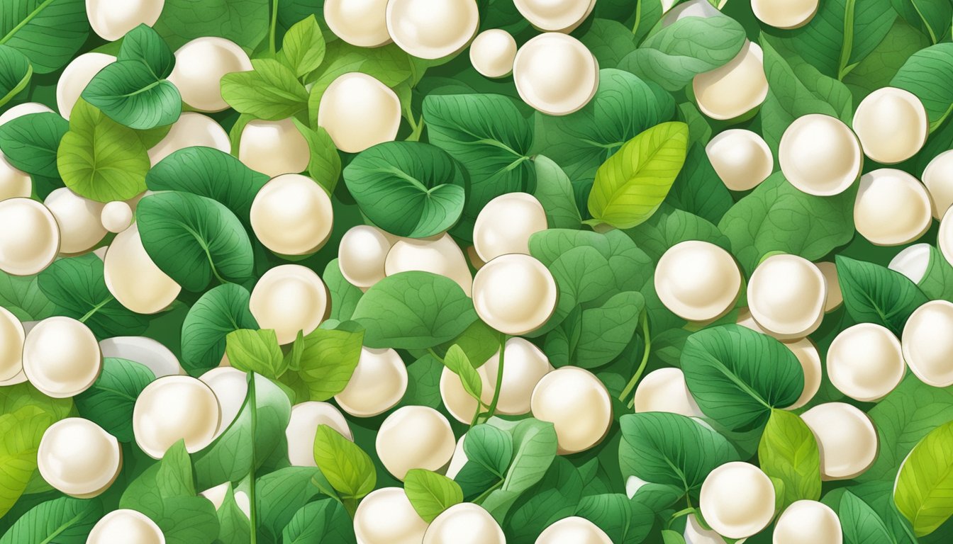 A bowl of tapioca pearls surrounded by different types of tapioca plants