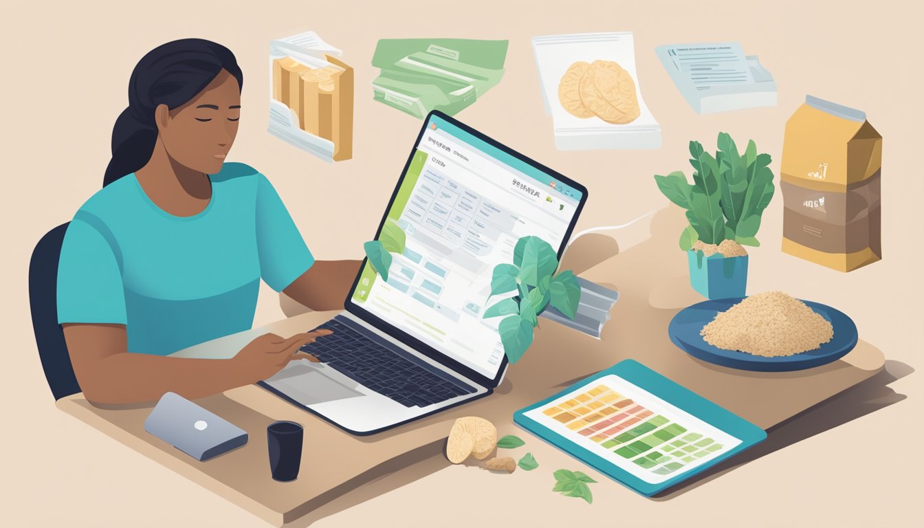 A table with a sliced taro root, a nutrition label, and a person looking up information on a laptop