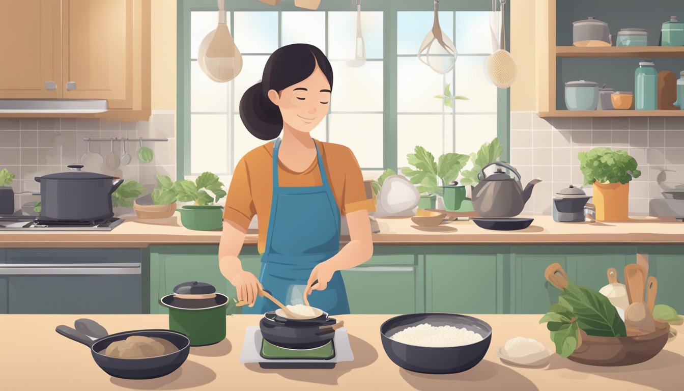 A person preparing and cooking taro in a clean kitchen, with a pot of boiling water and various kitchen utensils on the counter