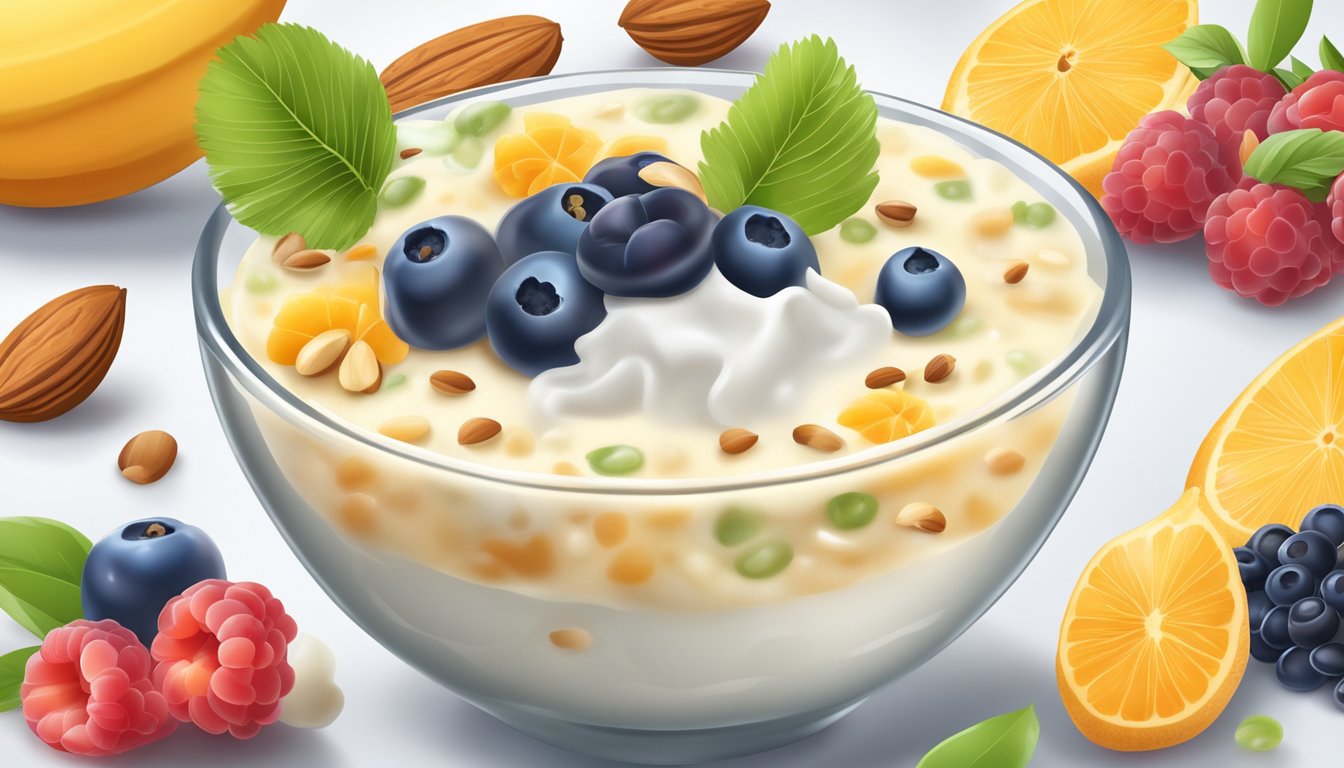 A bowl of tapioca pudding surrounded by a variety of fresh fruits and nuts, with a glass of milk on the side