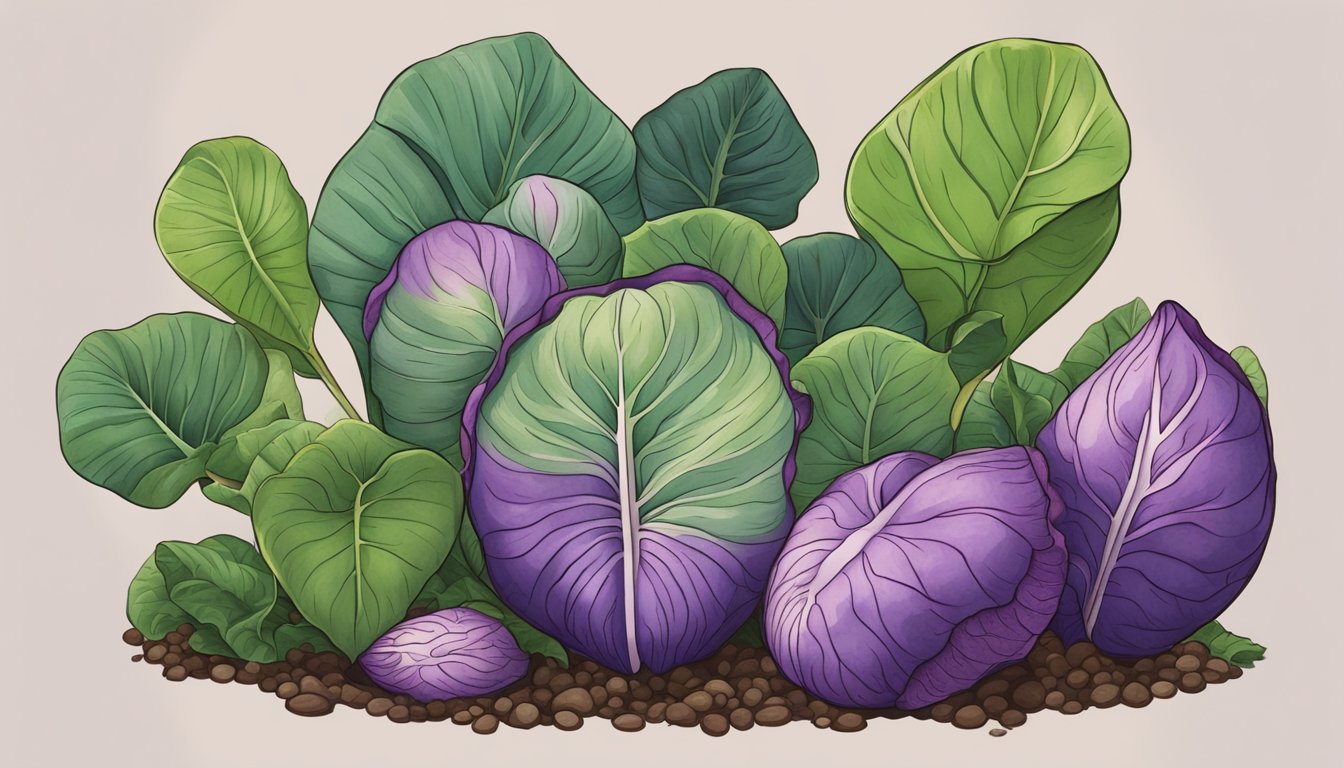 A colorful illustration of a taro plant with large heart-shaped leaves and a cluster of purple tubers growing underground