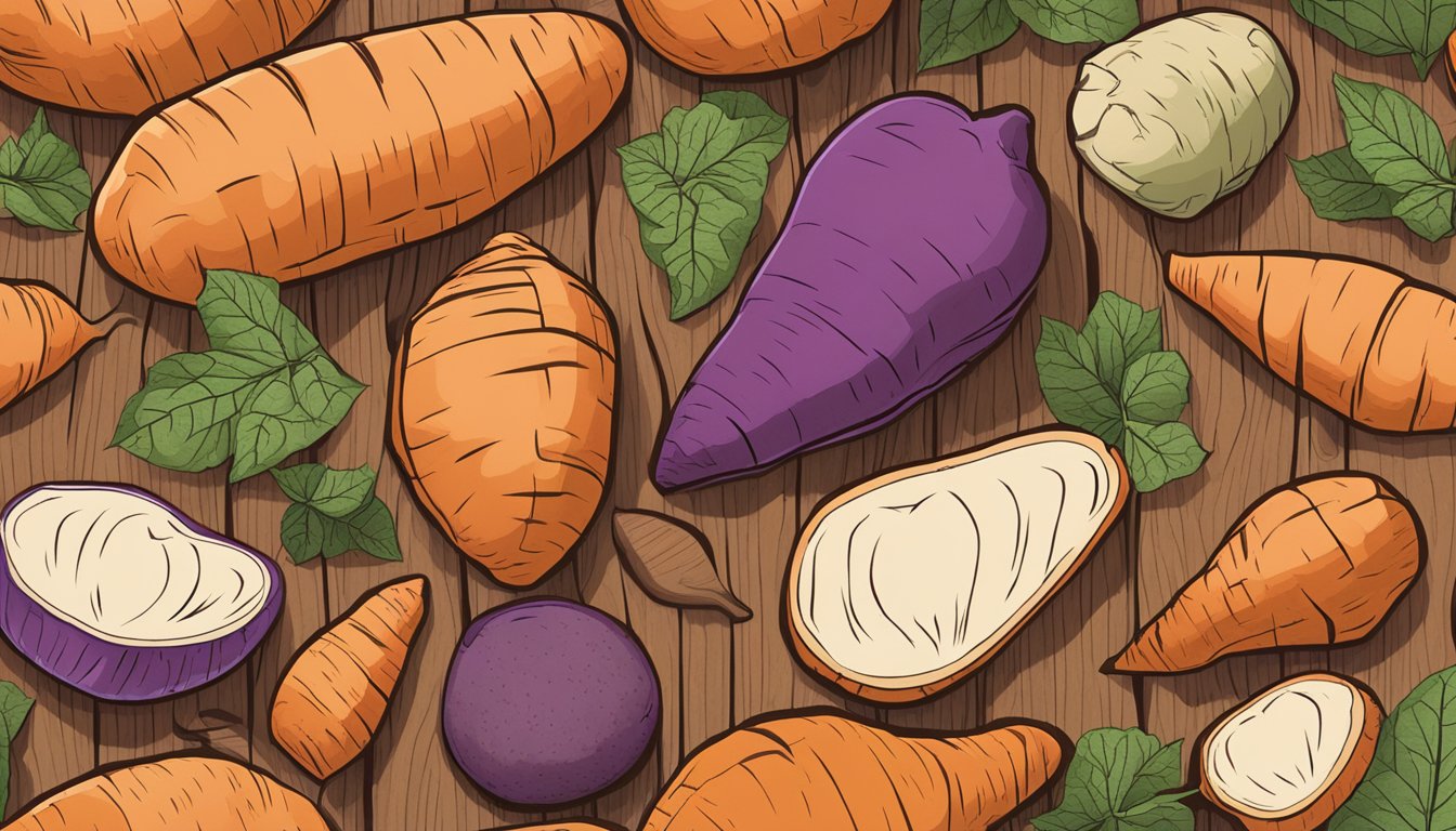 A colorful array of sweet potatoes, showcasing their various shapes and sizes, arranged on a wooden cutting board