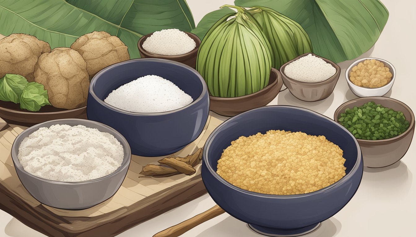 A table with various taro-based dishes and ingredients, including taro root, taro chips, and taro flour