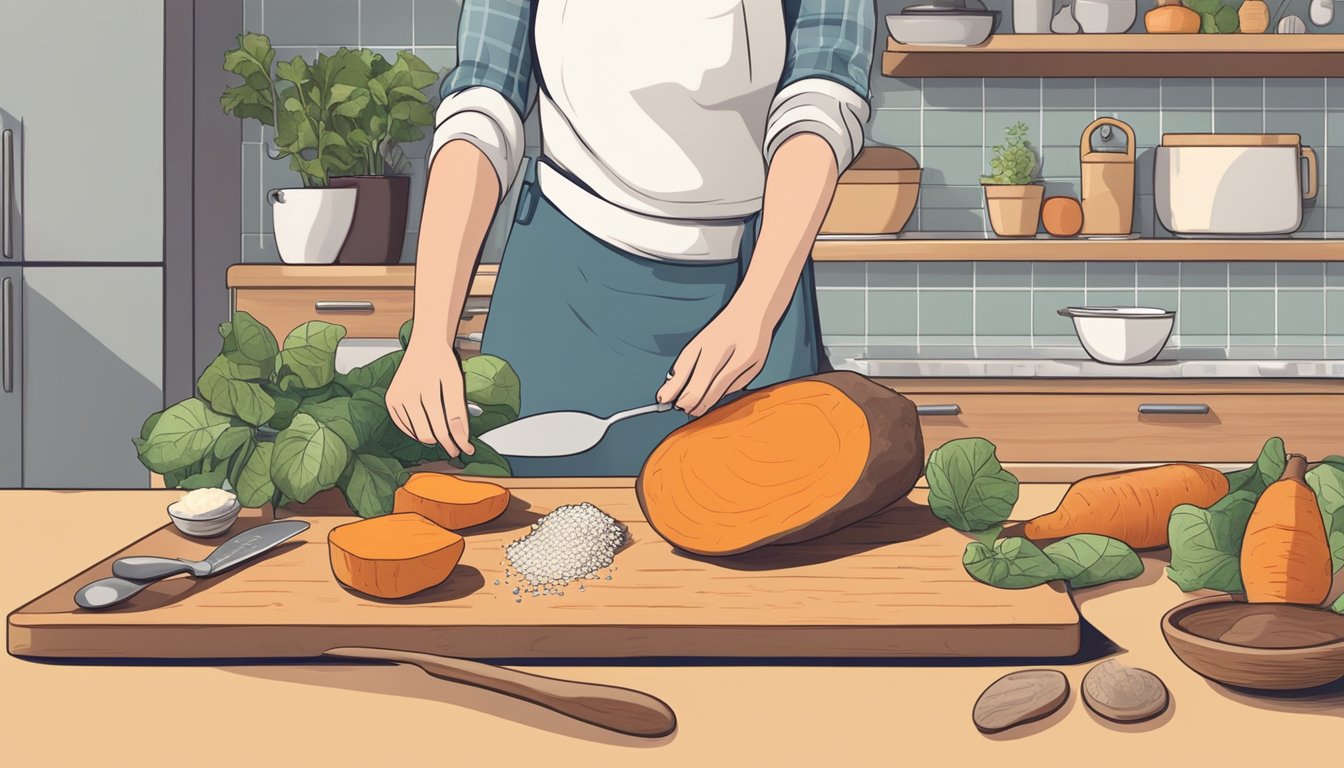 A person placing a sweet potato on a cutting board, surrounded by various kitchen utensils and a nutrition label