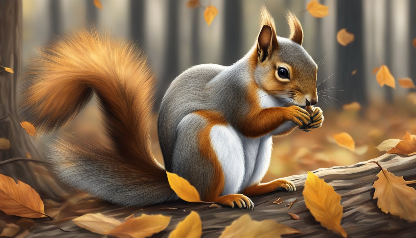 A squirrel nibbles on sycamore seeds, surrounded by fallen leaves and branches in a forest clearing