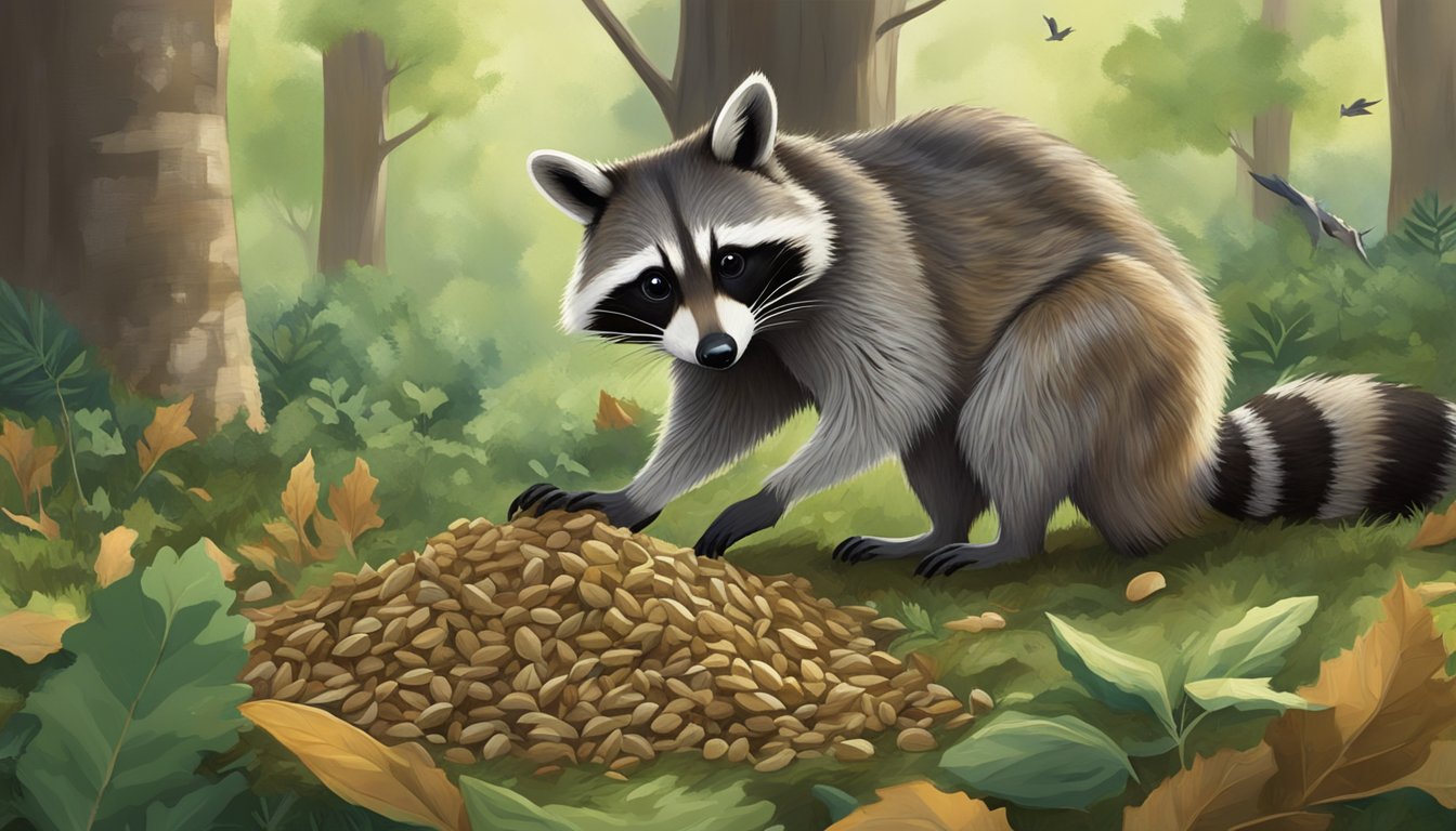 A raccoon cautiously sniffs a pile of sycamore seeds, while a deer grazes nearby, both surrounded by lush greenery and chirping birds