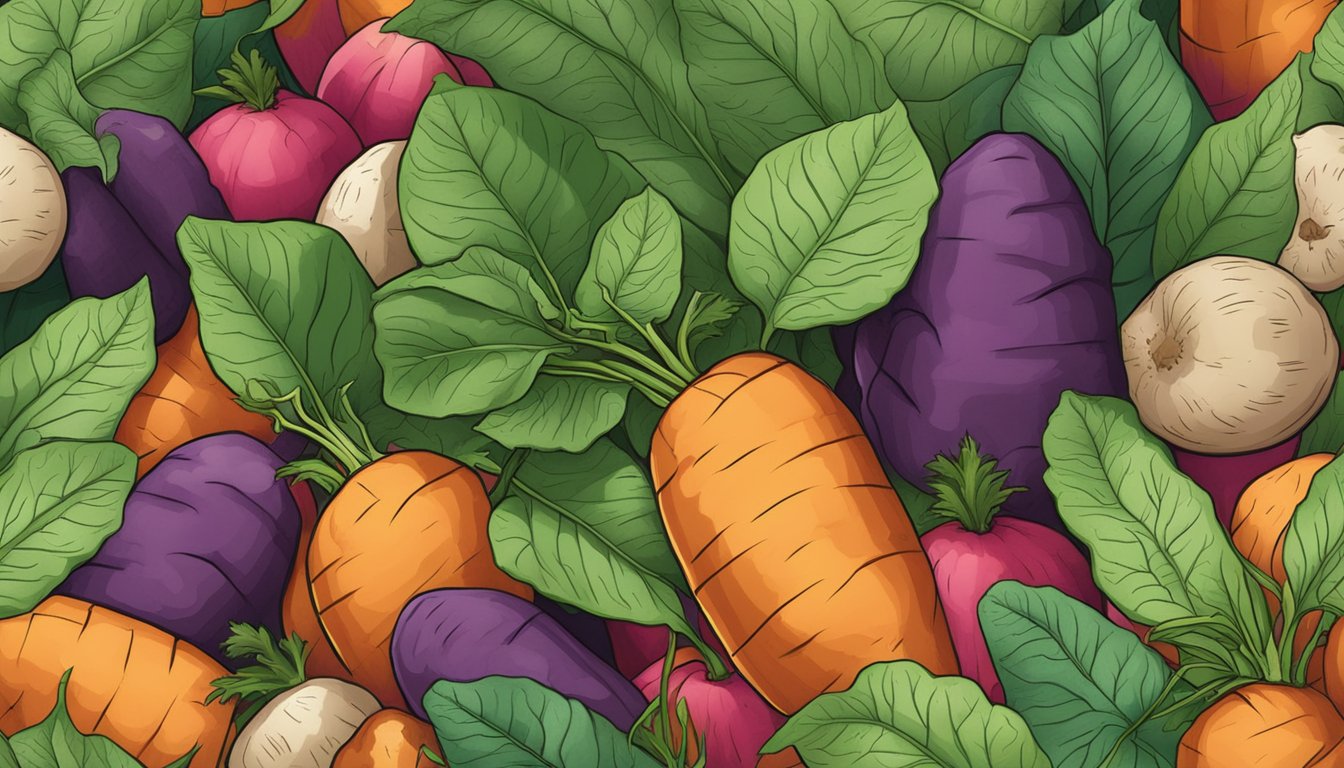 A colorful illustration of sweet potato leaves with a focus on their nutritional content, surrounded by vibrant vegetables and fruits