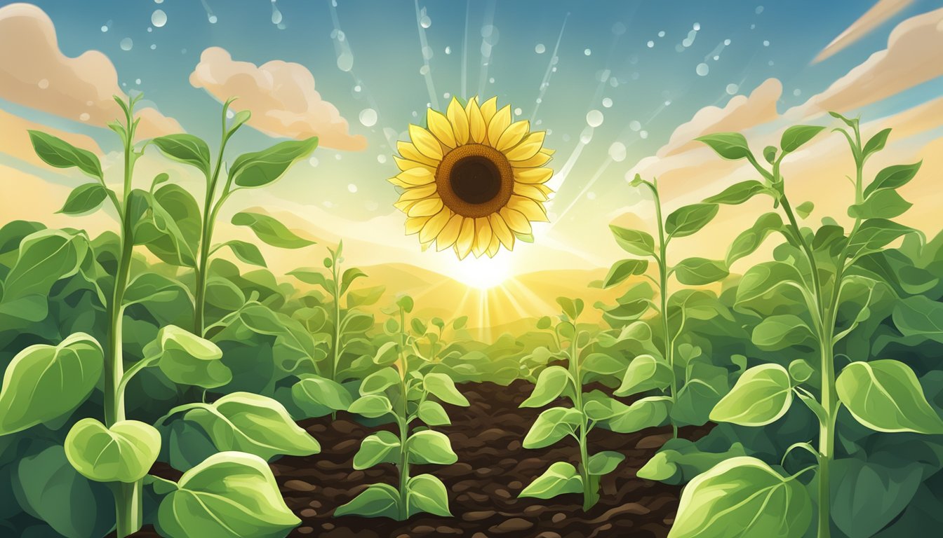 Sunflower shoots reaching towards sunlight, surrounded by healthy soil and water droplets