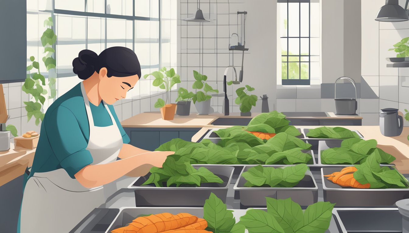 Sweet potato leaves being washed and prepared for cooking in a kitchen