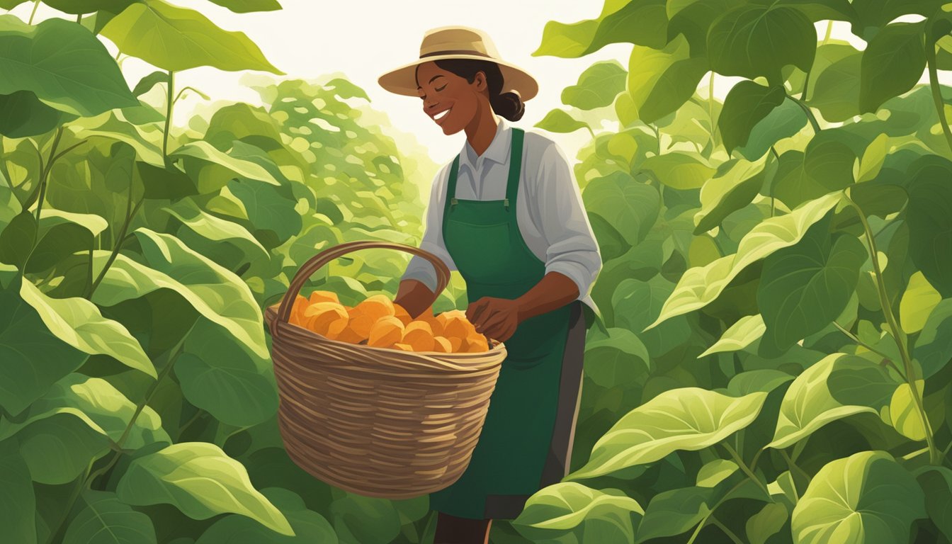 Lush sweet potato vines spread across a sunlit field, their vibrant green leaves unfurling in the breeze. A farmer carefully inspects the leaves, a basket at her side