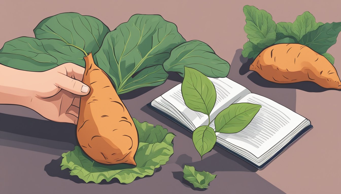 A person holding a sweet potato leaf, with a question mark above their head. Nearby, a pile of sweet potatoes and a book on food safety