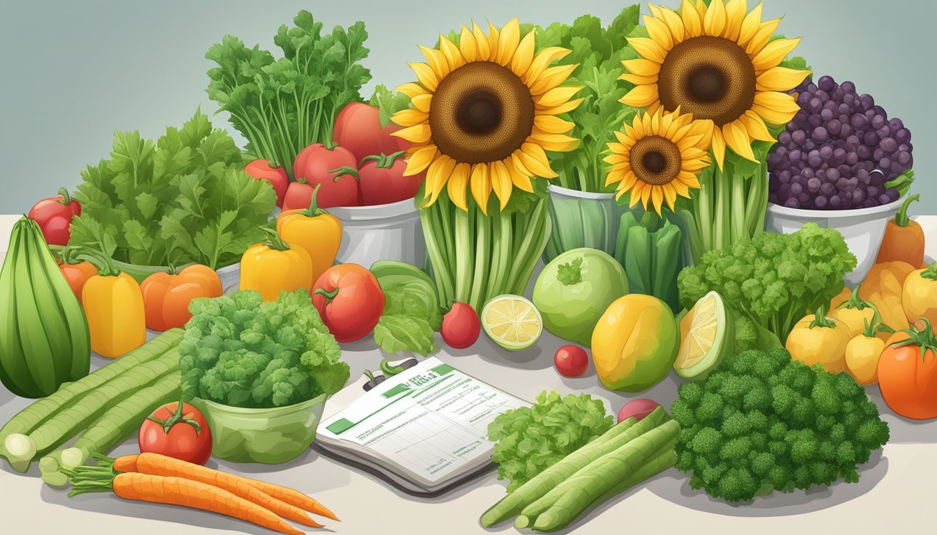 Sunflower shoots surrounded by a variety of fresh vegetables and fruits, with a nutritional breakdown chart in the background