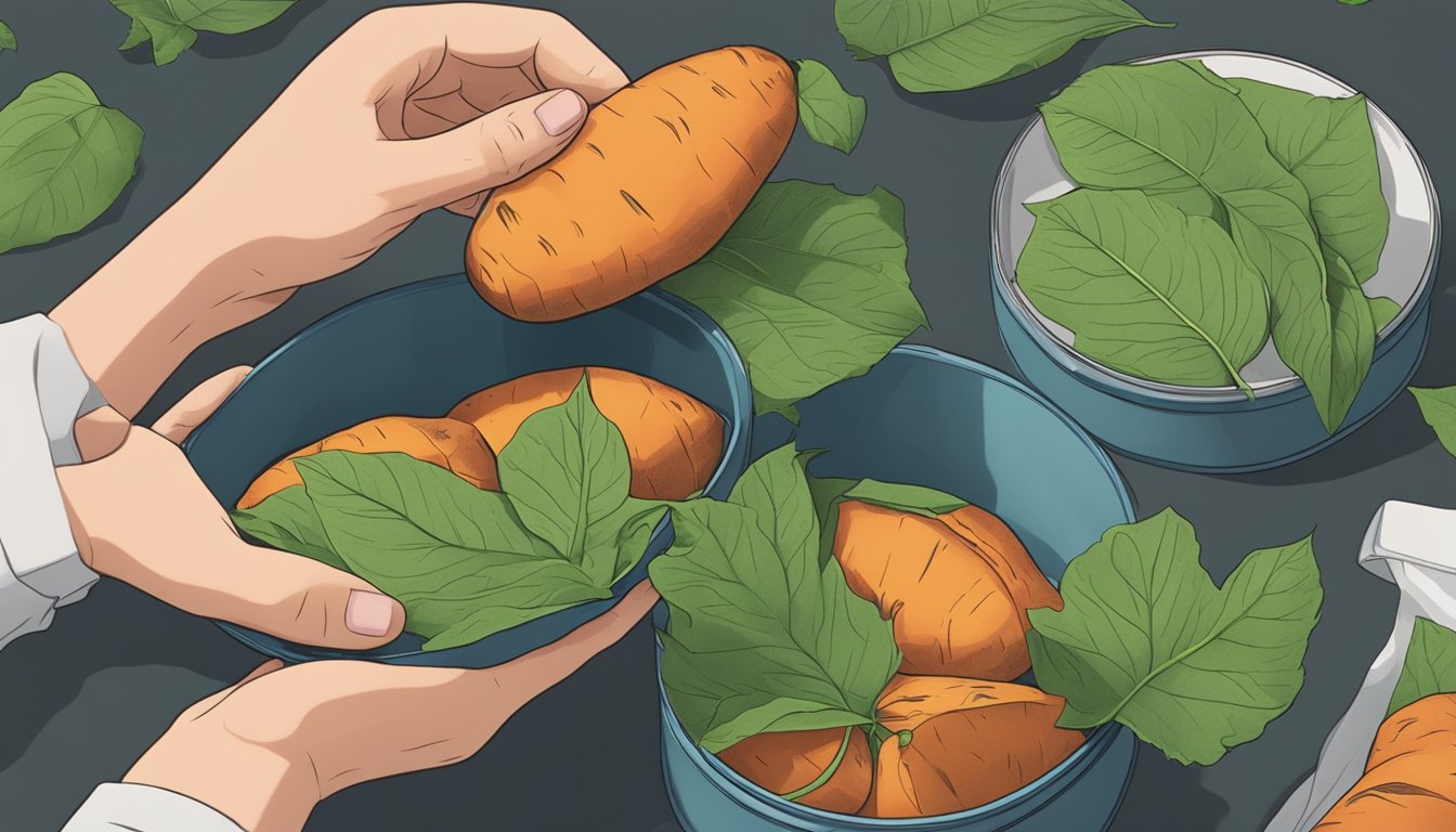 A person holding a sweet potato leaf, examining it for freshness and safety, with a storage container in the background