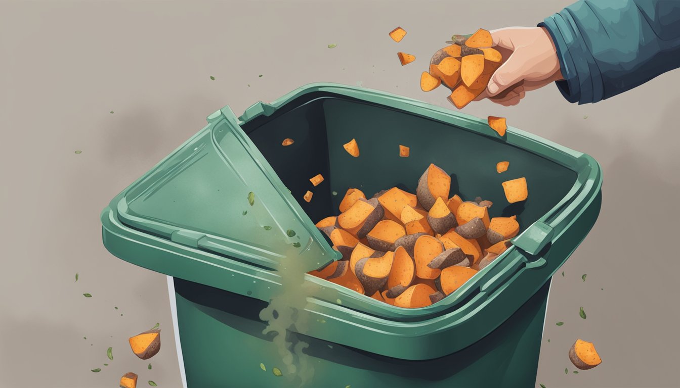 A person throwing moldy sweet potatoes into a trash can