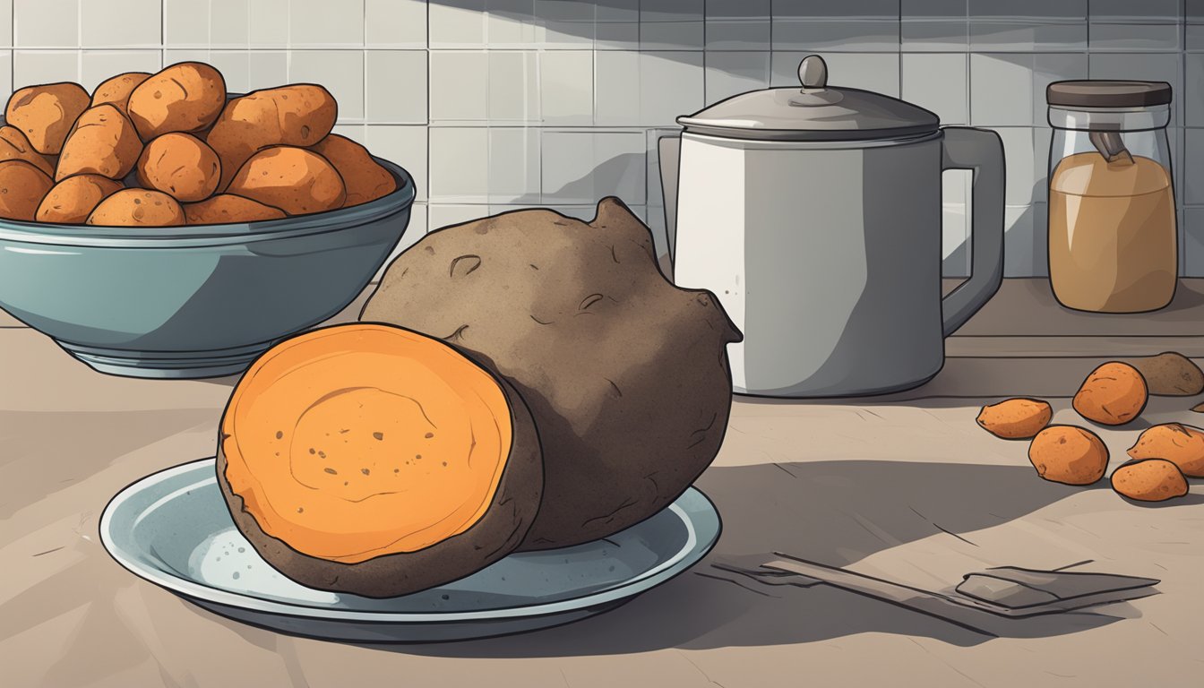 A moldy sweet potato sits on a kitchen counter next to a pile of fresh sweet potatoes