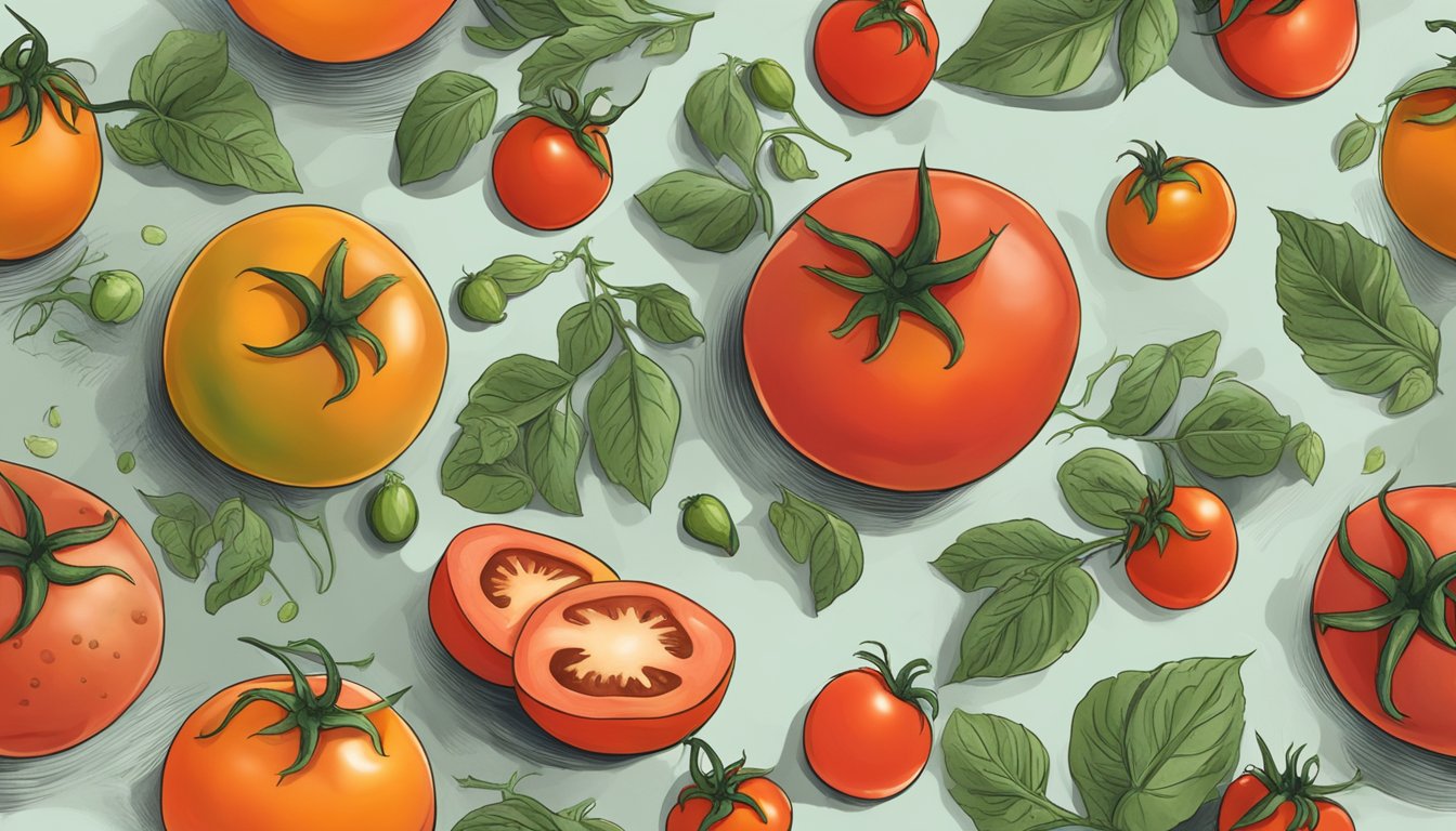 A moldy tomato sitting on a kitchen countertop, surrounded by other fresh tomatoes