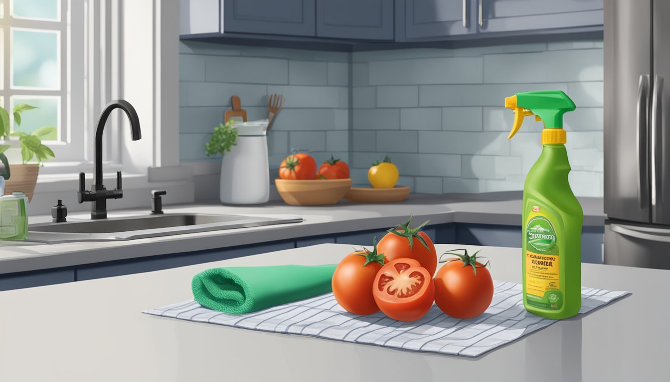 A tomato covered in mold sits on a kitchen counter next to a bottle of mold prevention spray and a pair of rubber gloves