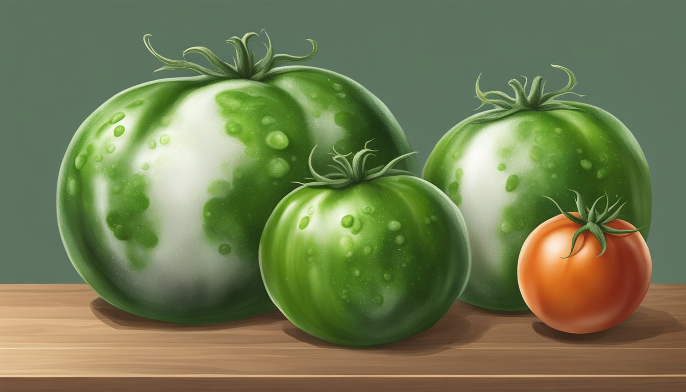 A ripe tomato covered in green and white mold, sitting on a wooden cutting board