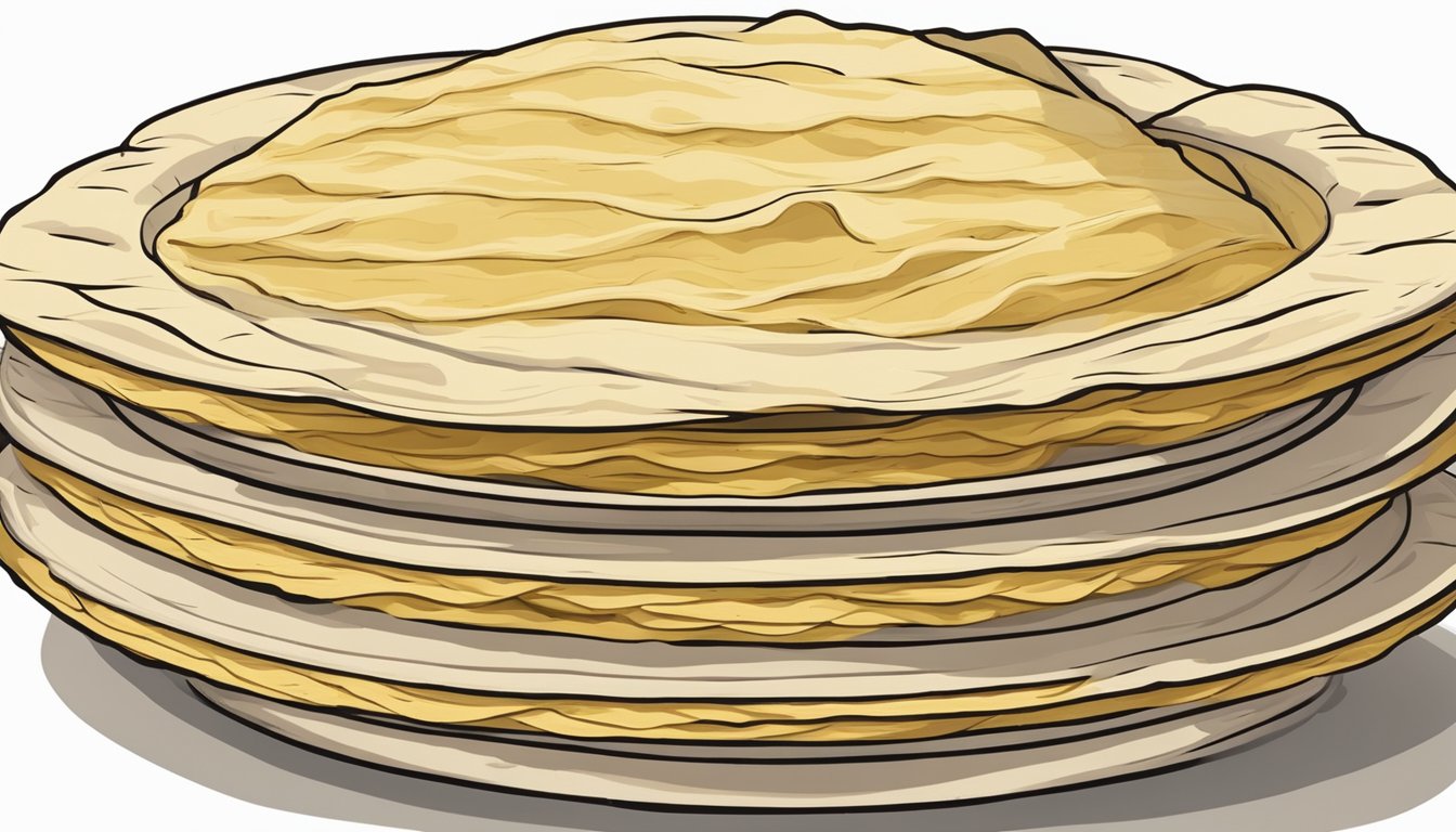 A stack of tortillas stored in an airtight container. One tortilla shows signs of mold growth