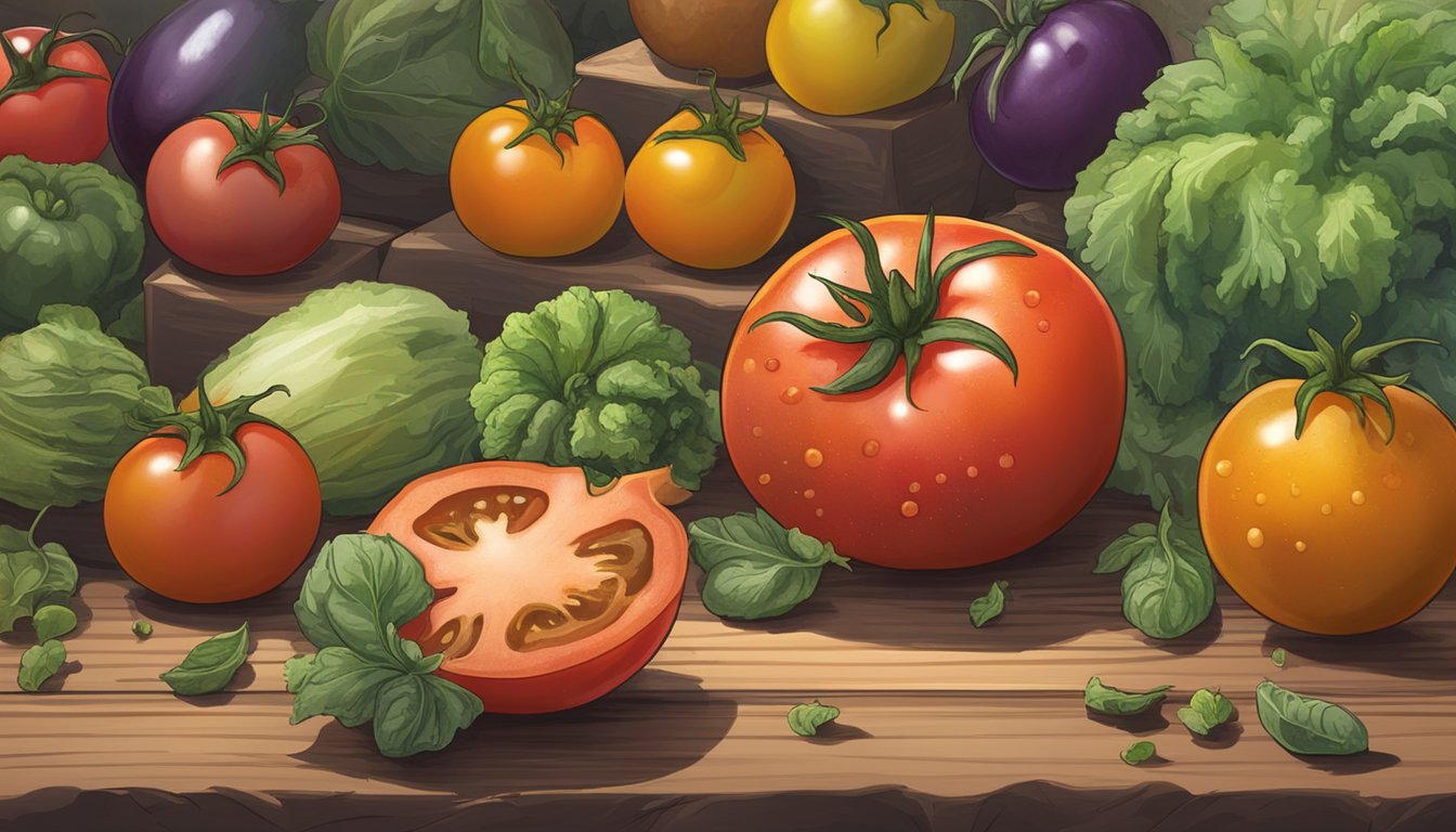 A moldy tomato sits on a wooden table surrounded by other fresh produce