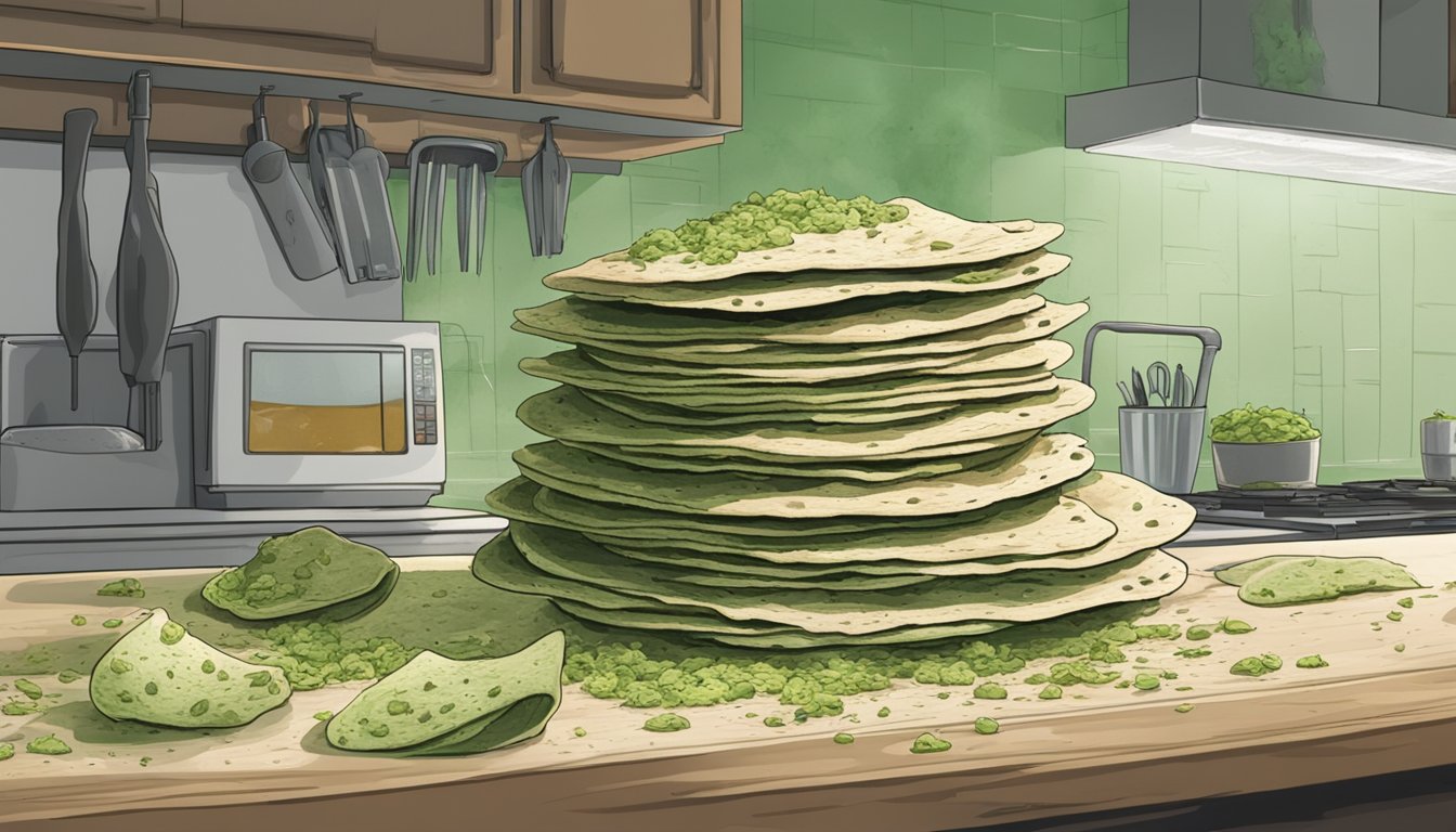 A pile of moldy tortillas sits on a kitchen counter, surrounded by flies. A putrid smell fills the air as the tortillas are covered in green and white mold