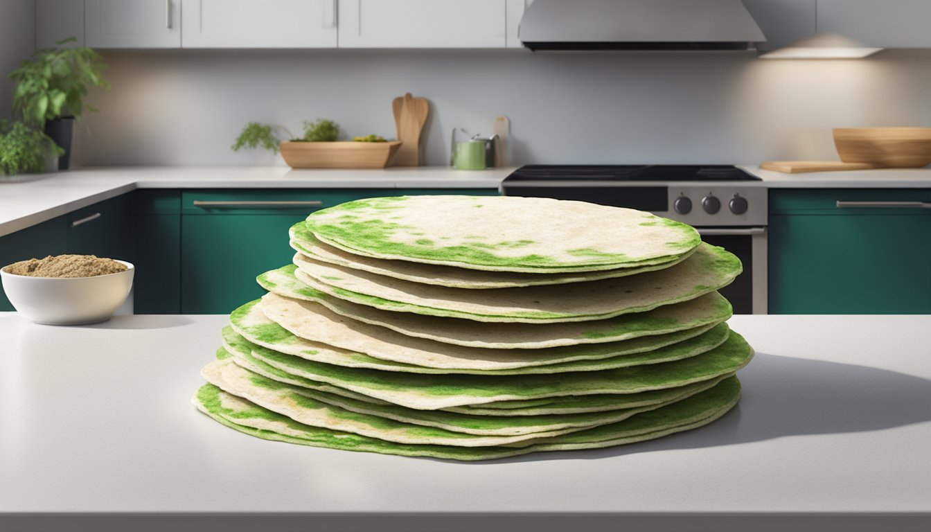 A stack of moldy tortillas on a kitchen counter, with visible green and white mold growth