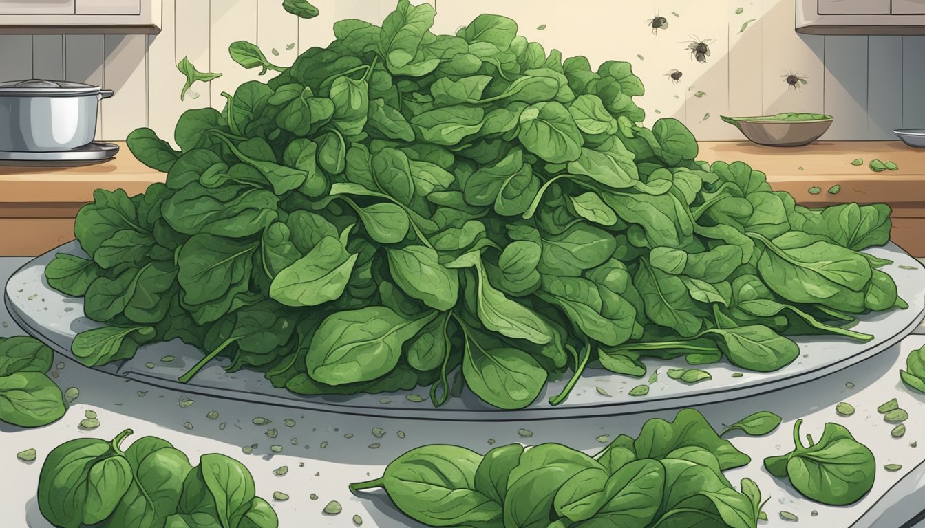 A pile of wilted and moldy spinach sits on a kitchen counter, surrounded by flies and emitting a foul odor