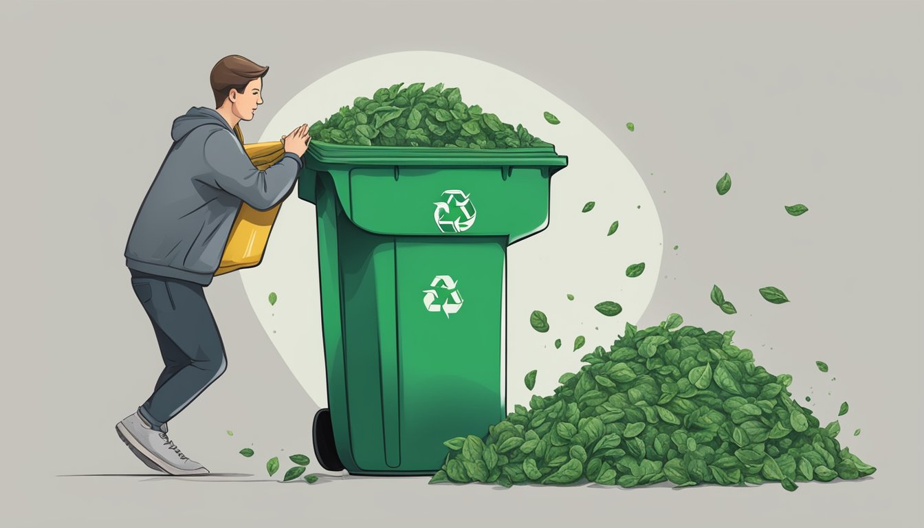 A person throwing away a bag of moldy spinach into a trash can