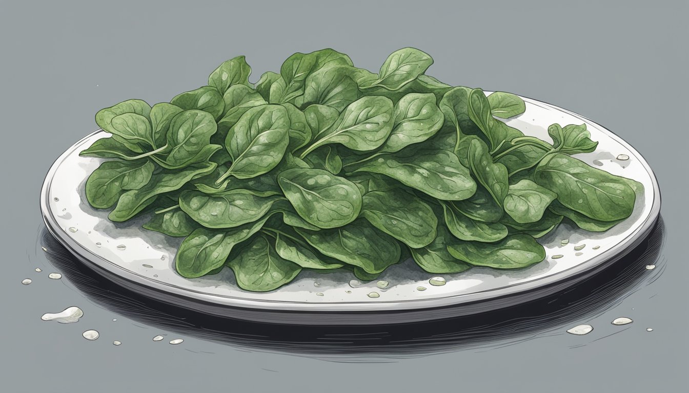 A plate of wilted spinach covered in green and white mold, with visible signs of decay and spoilage