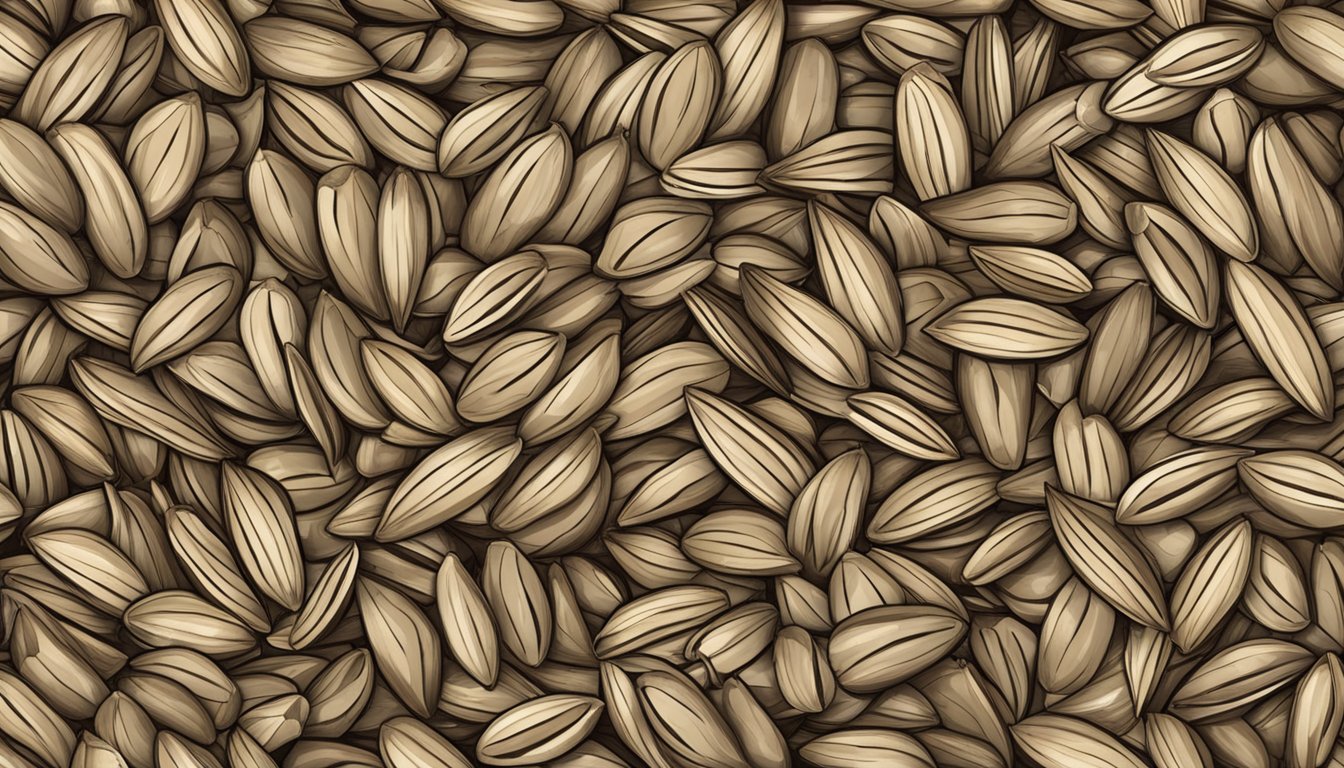 A pile of sunflower seeds with some shells cracked open, scattered on a wooden table