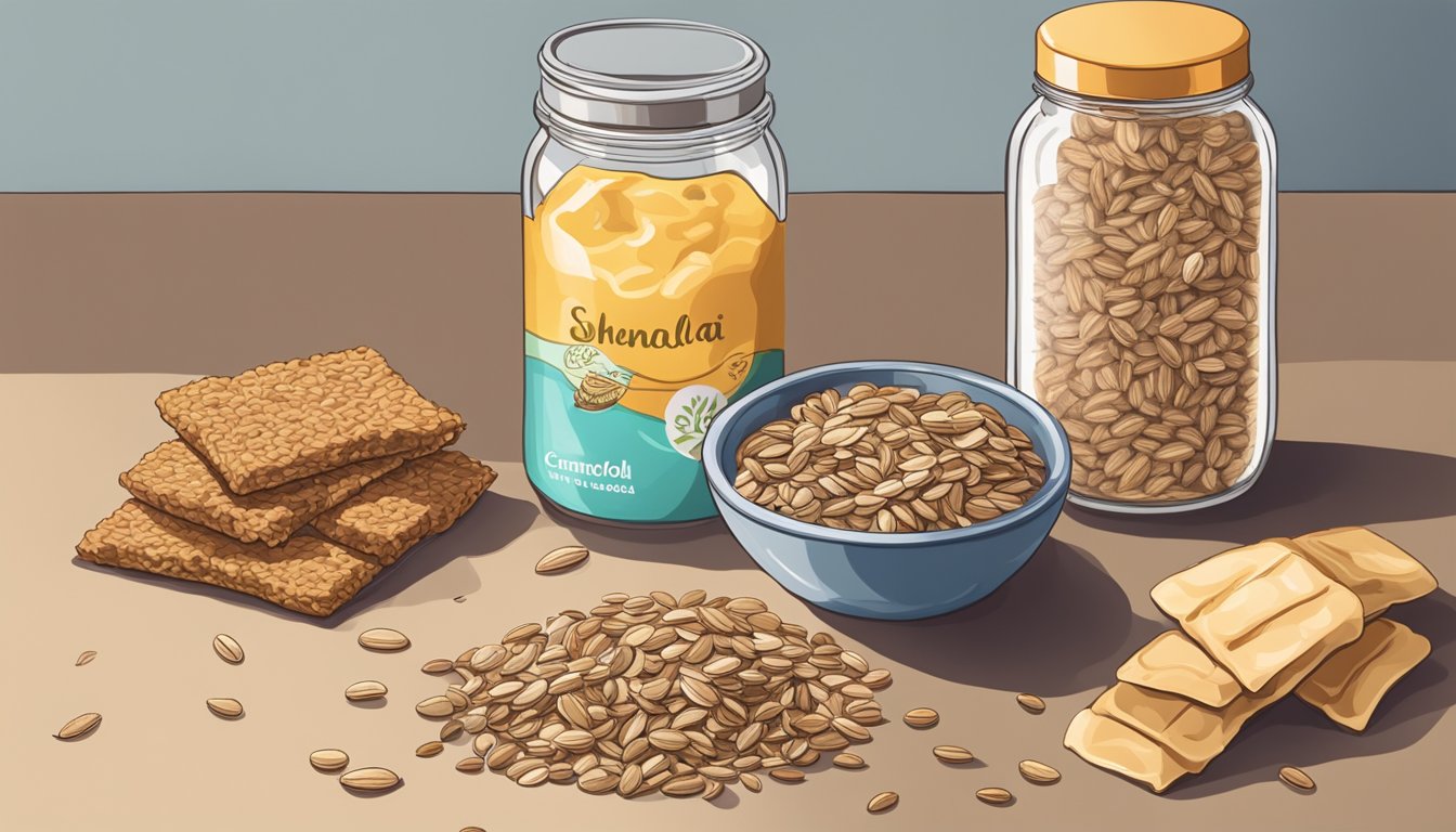 A pile of sunflower seeds with cracked shells and an open jar of shelled seeds next to a bowl of homemade granola bars