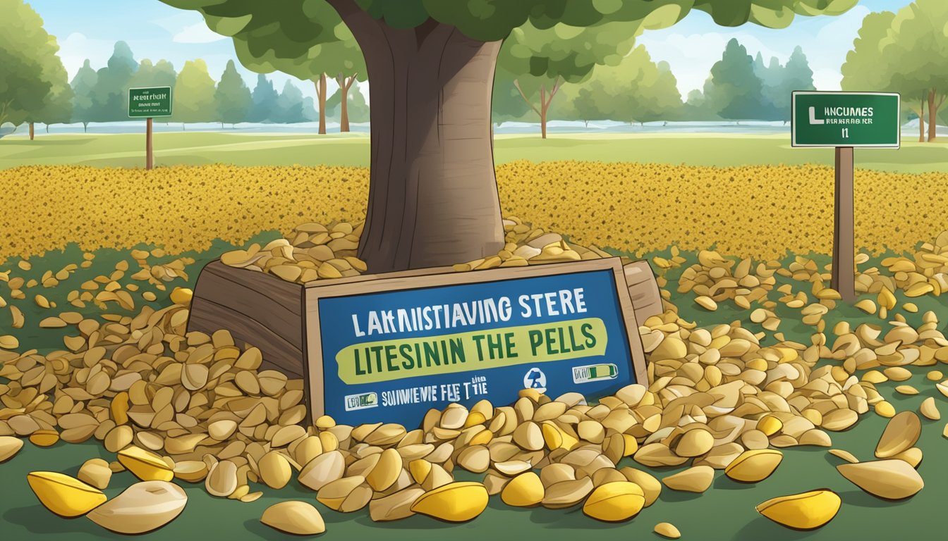 A pile of sunflower seed shells scattered around a picnic area, with a sign warning against littering and advising against eating the shells