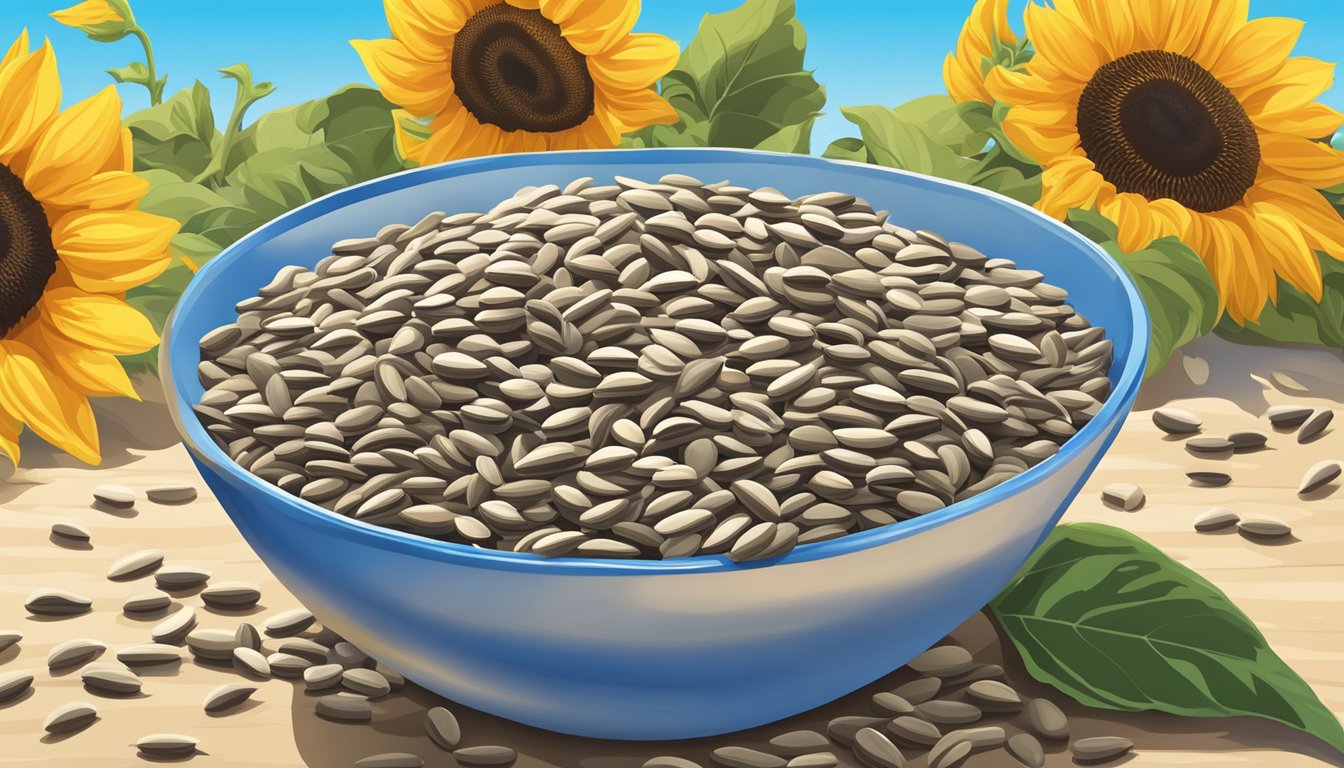 A bowl of sunflower seeds surrounded by vibrant sunflowers and a clear blue sky