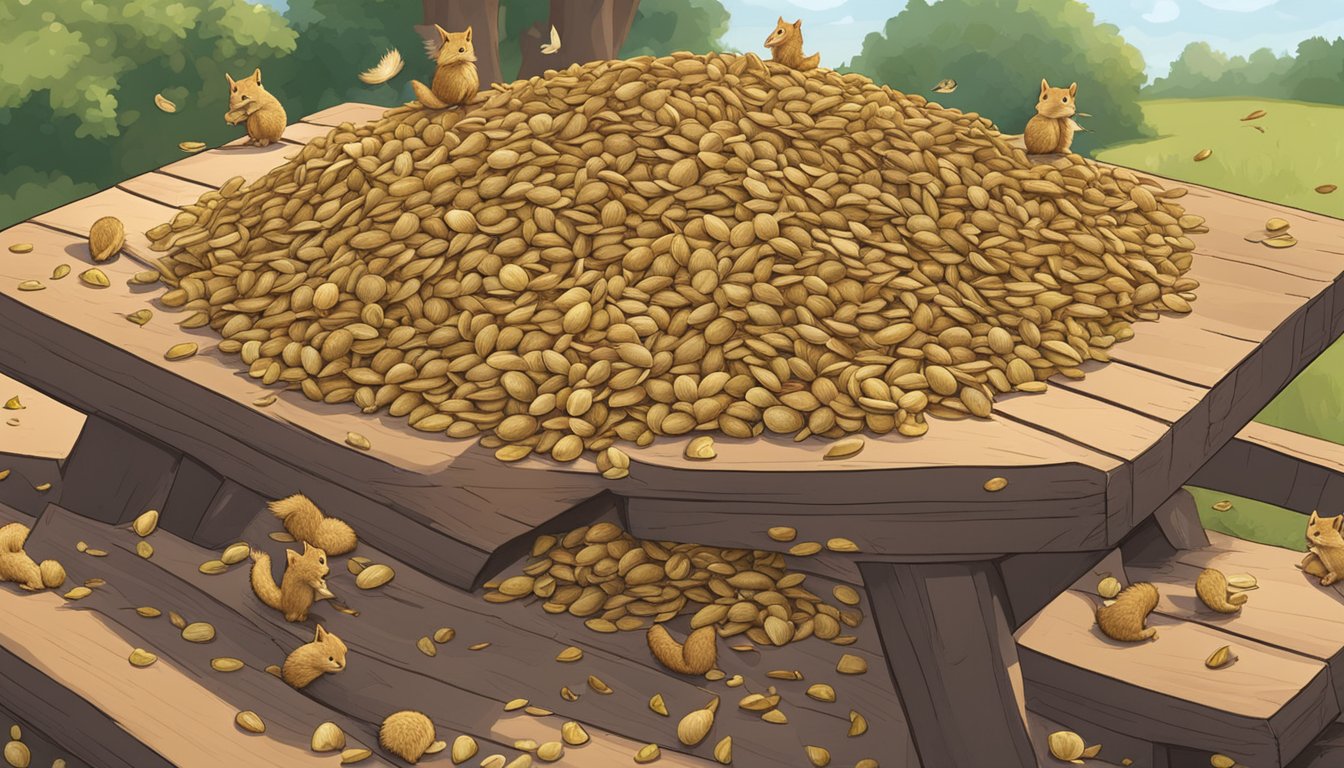 A pile of sunflower seed shells scattered on a picnic table, surrounded by a group of curious squirrels