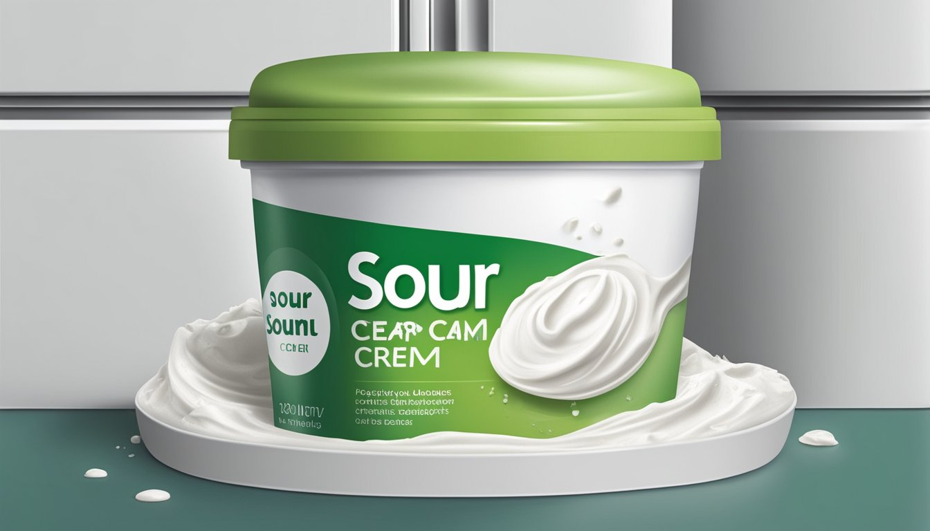 A carton of sour cream with visible mold growth, sitting on a refrigerator shelf