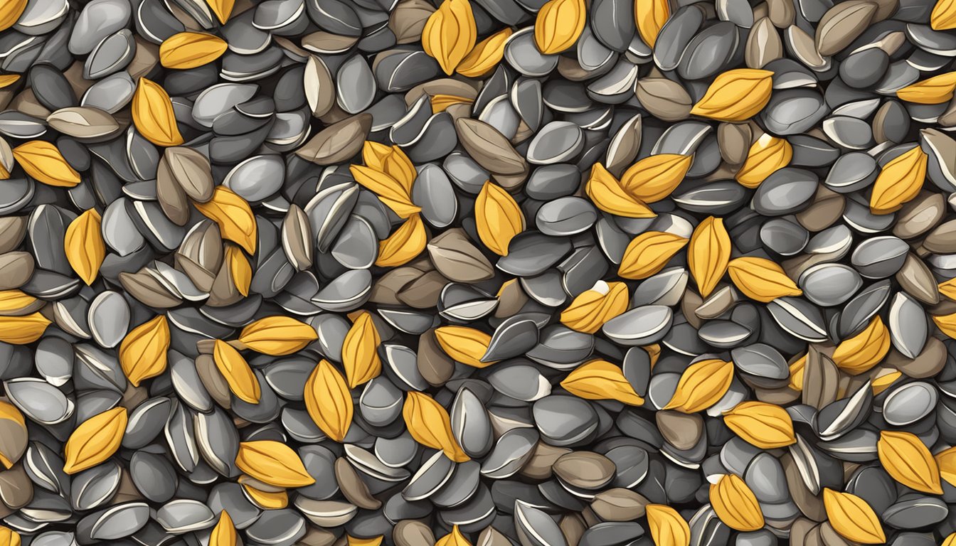 A pile of sunflower seeds spilling out of a cracked shell, with a few seeds scattered around