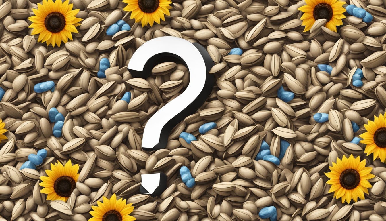 A pile of sunflower seeds with a question mark above, surrounded by various warning signs and symbols