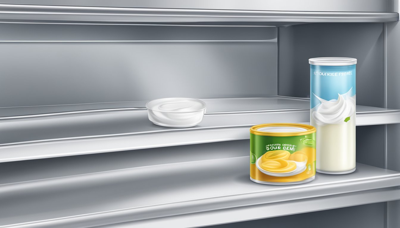 A refrigerator shelf with a sealed container of sour cream