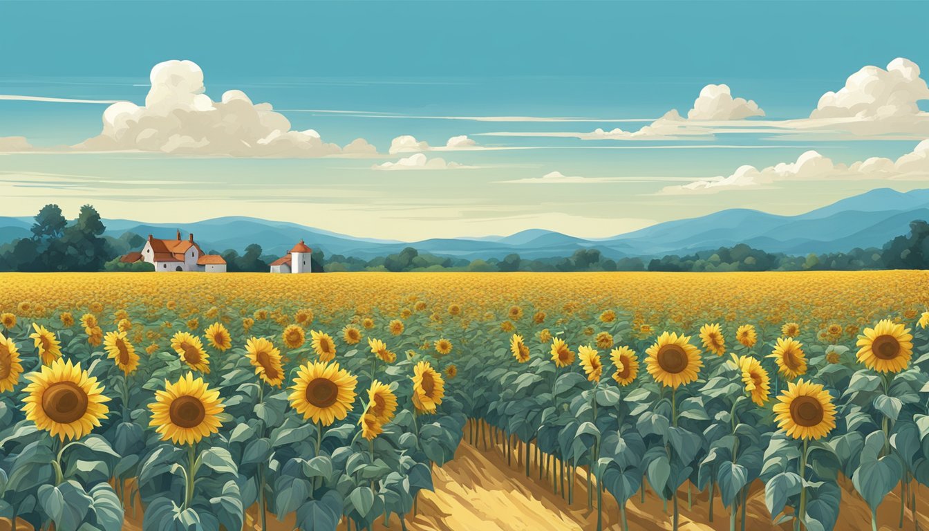 A sunflower field with ripe seeds and a clear blue sky