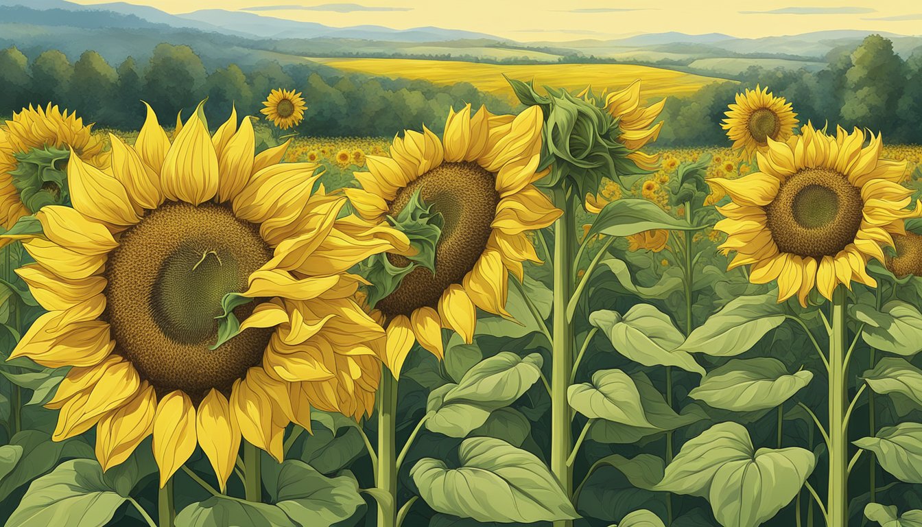 A field of sunflowers with vibrant yellow petals and tall green stalks, with a close-up of a single sunflower showing its intricate botanical profile