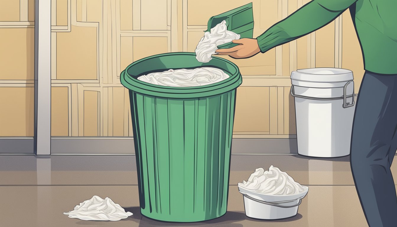 A container of moldy sour cream next to a trash can, with a person hesitating to discard it