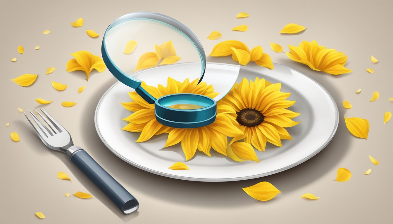 Sunflower petals on a clean plate with a magnifying glass for inspection