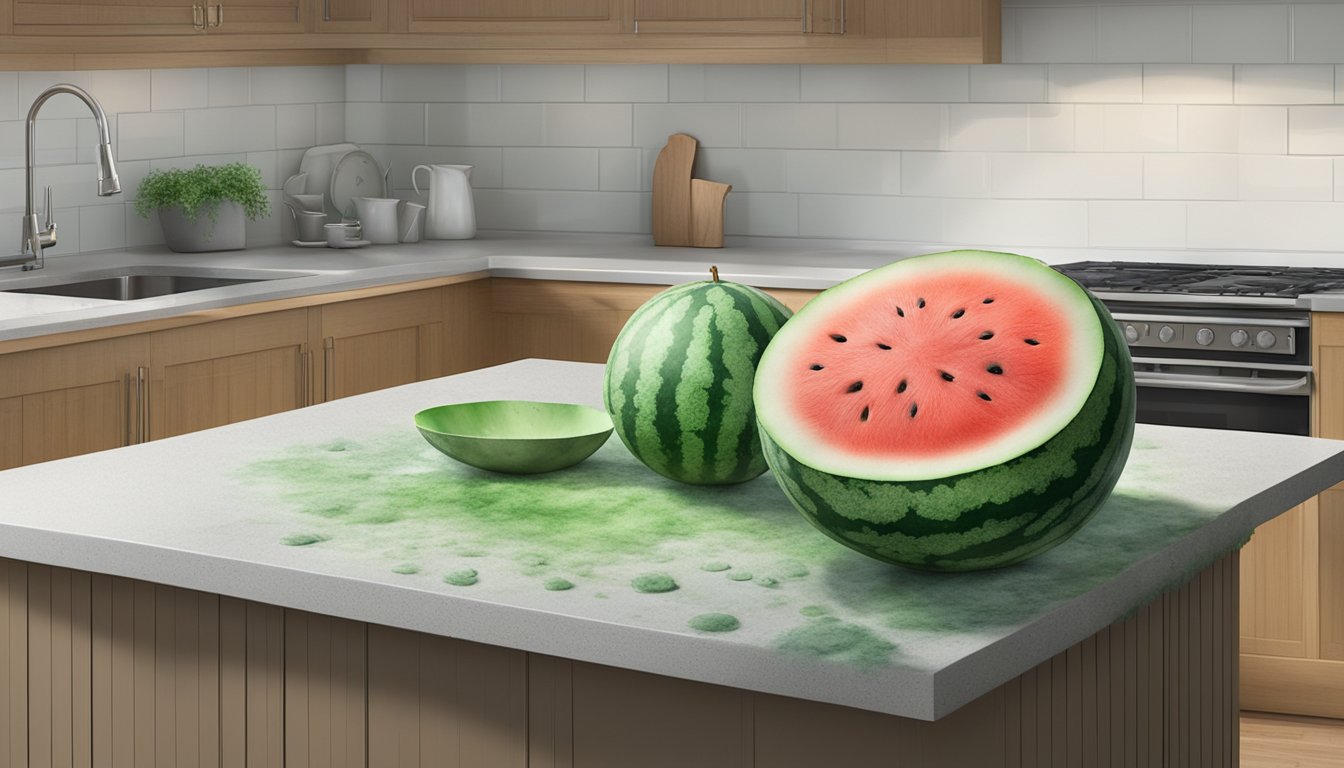 A moldy watermelon sits on a kitchen counter, covered in green and white fuzzy mold. The fruit appears spoiled and inedible