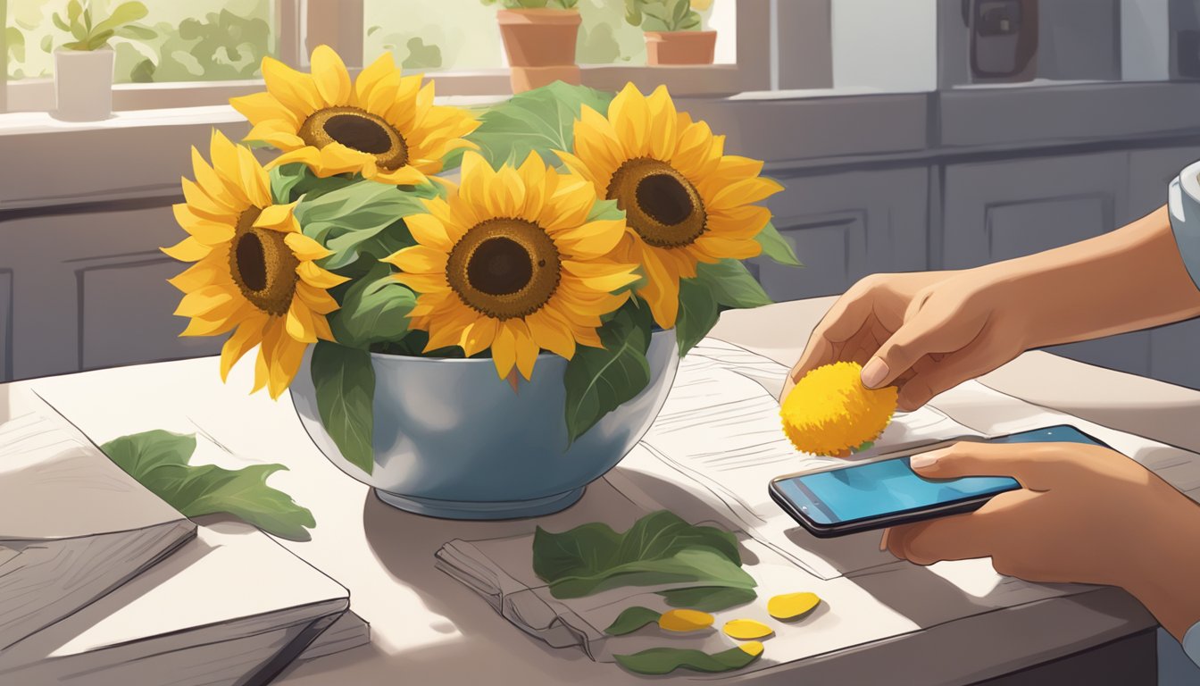 A sunflower with its vibrant yellow petals being carefully plucked and placed in a bowl, while a person looks up information on their phone