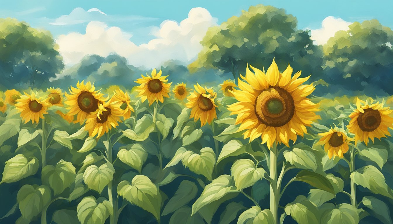 A sunflower with vibrant yellow petals surrounded by green leaves and a clear blue sky in the background