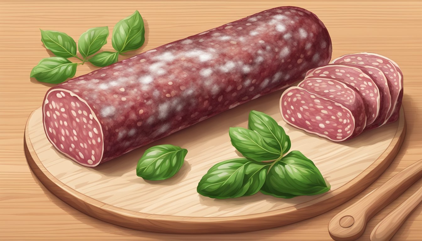 A piece of salami with visible green and white mold, next to a fresh, unblemished piece of salami on a clean cutting board