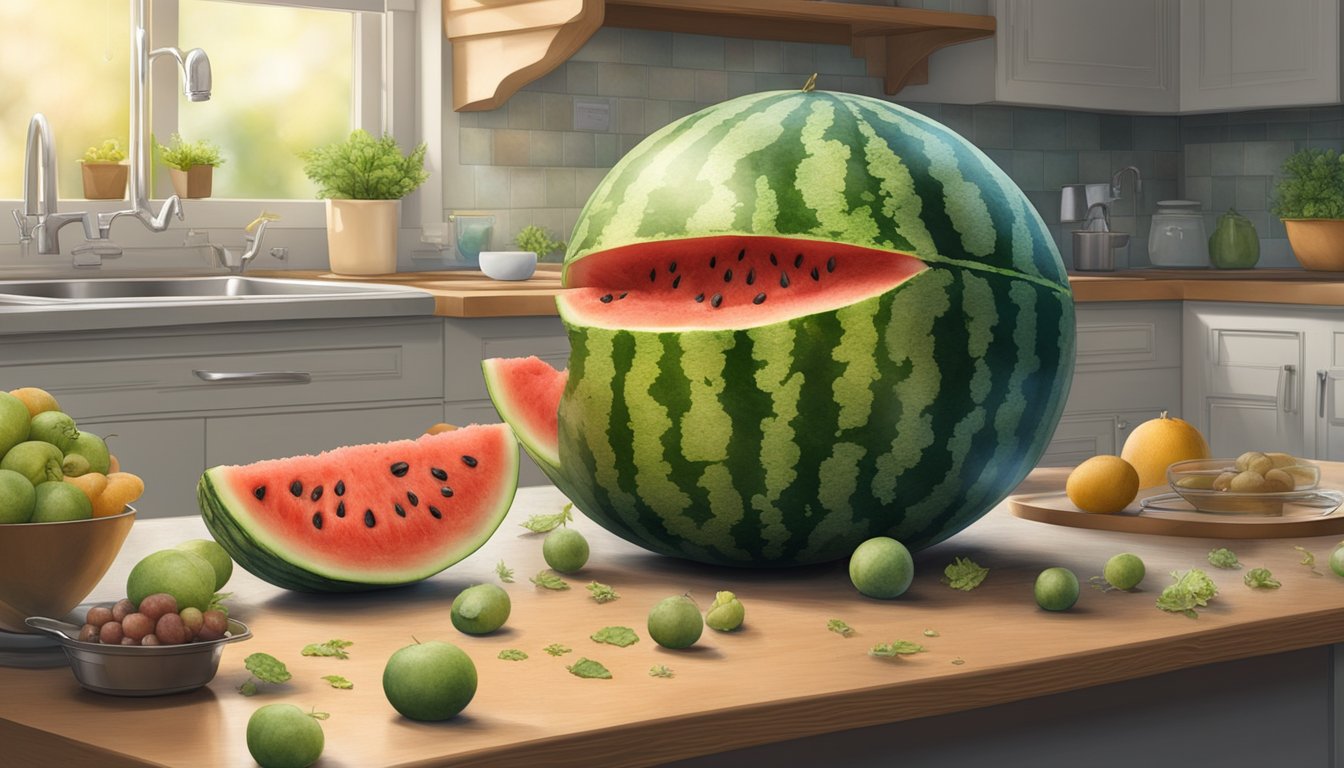 A moldy watermelon sitting on a kitchen counter, surrounded by fruit flies and emitting a musty odor