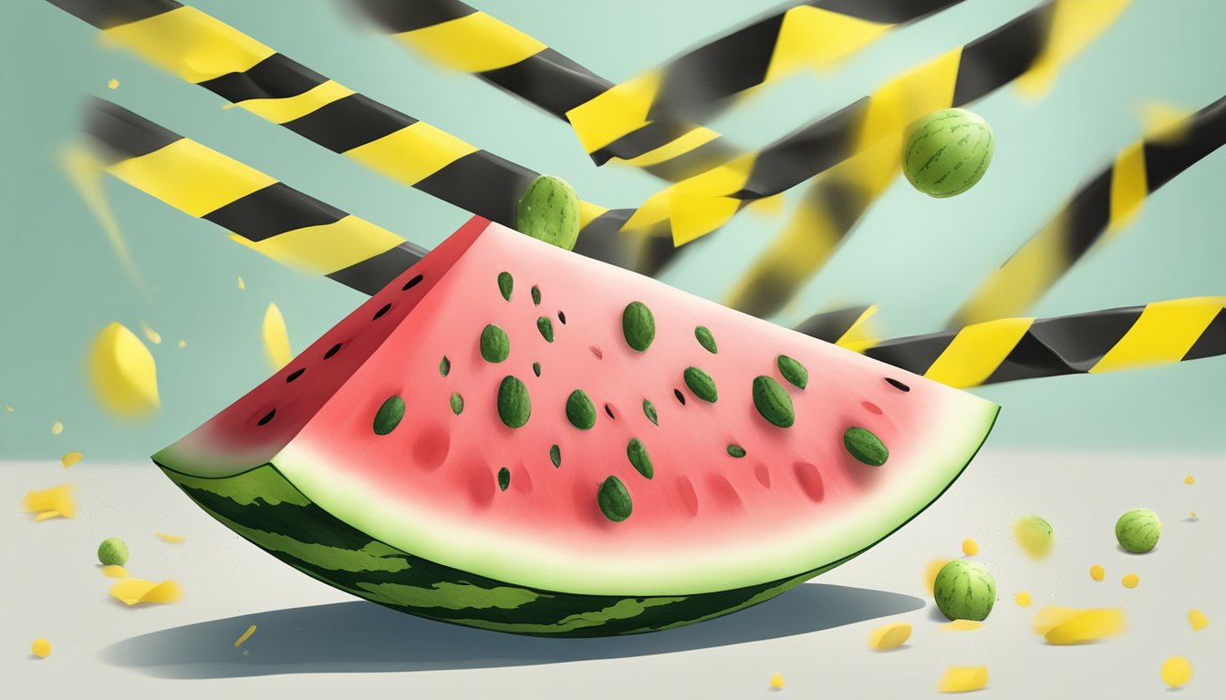 A moldy watermelon surrounded by caution tape and a warning sign