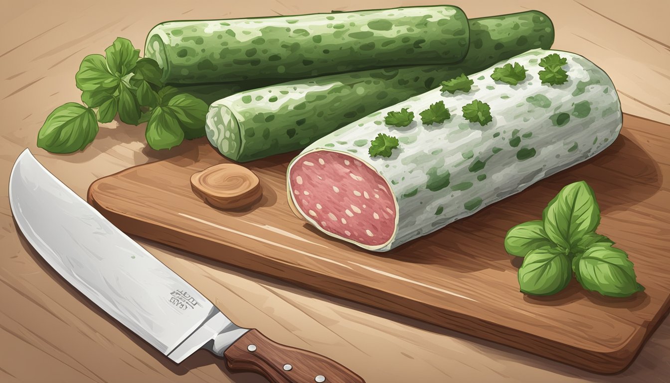 A slice of salami covered in green and white mold, sitting on a wooden cutting board next to a knife and a piece of parchment paper